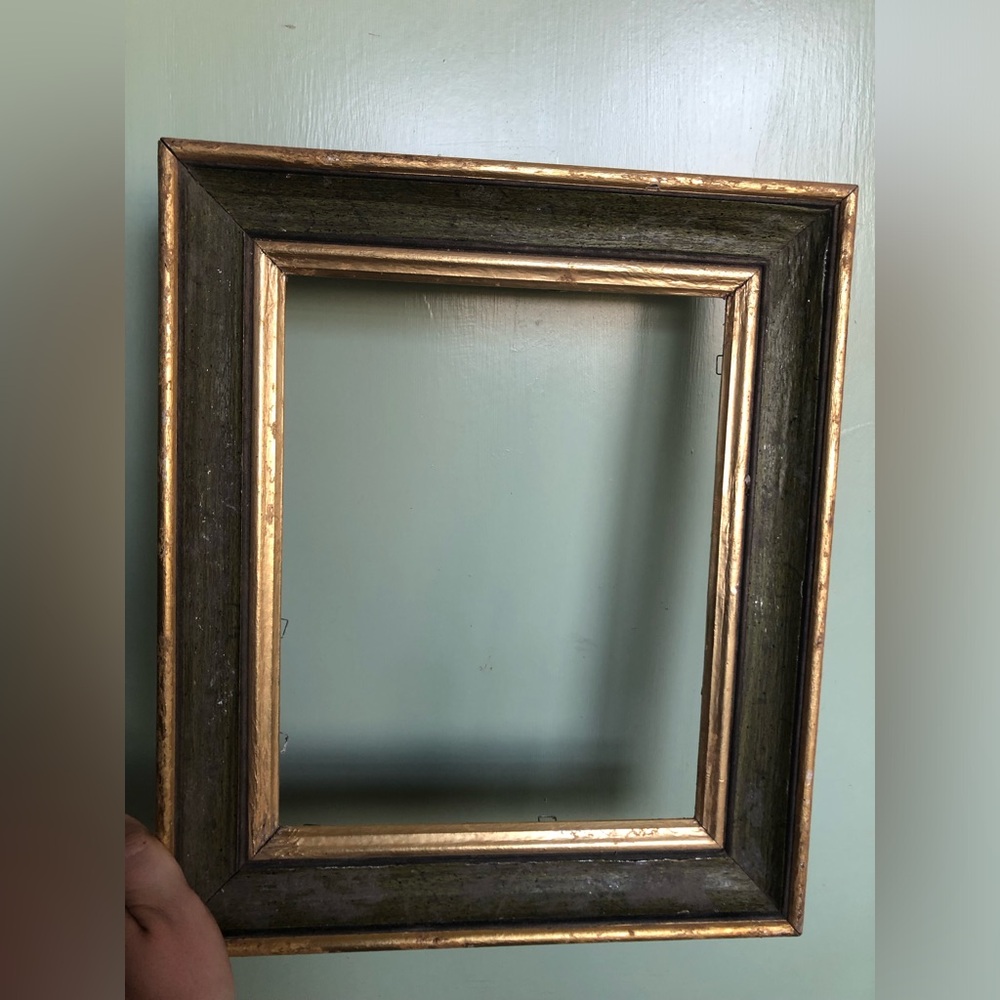 Vtg Gold Gilt Dark Green Wood Picture Frame Holds A 8x10”, Mcm Gesso